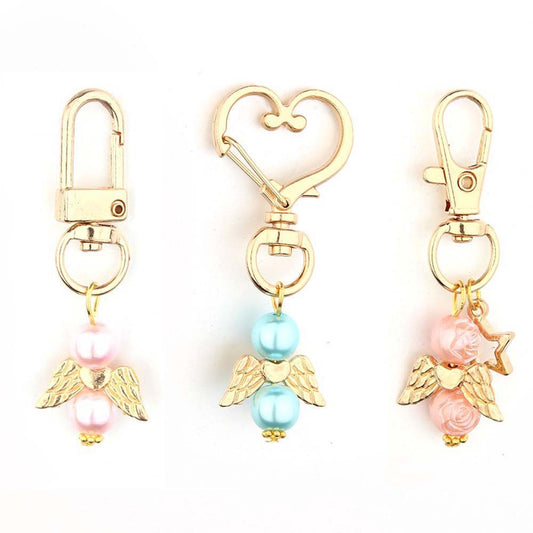 Alloy Baby Baptism Keychain Gold Tone Angel Wings Pastel Beads