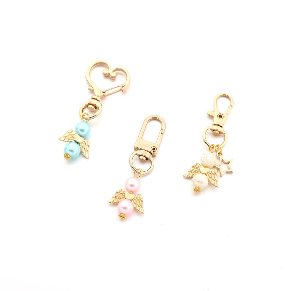 Alloy Baby Baptism Keychain Gold Tone Angel Wings Pastel Beads 2