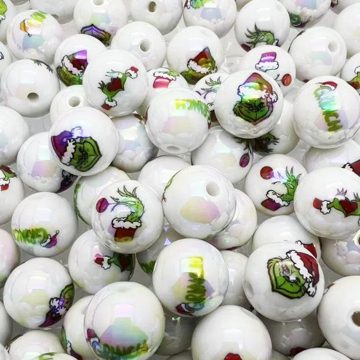 UV Plating Acrylic Beads 16mm Christmas Grinch Printed 50pcs 2