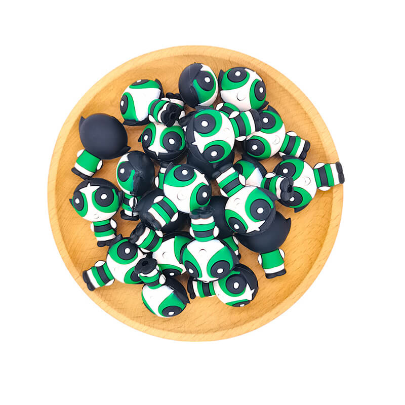 Silicone 3D Focal Beads Green Powerpuff Girl Smiling Face 2