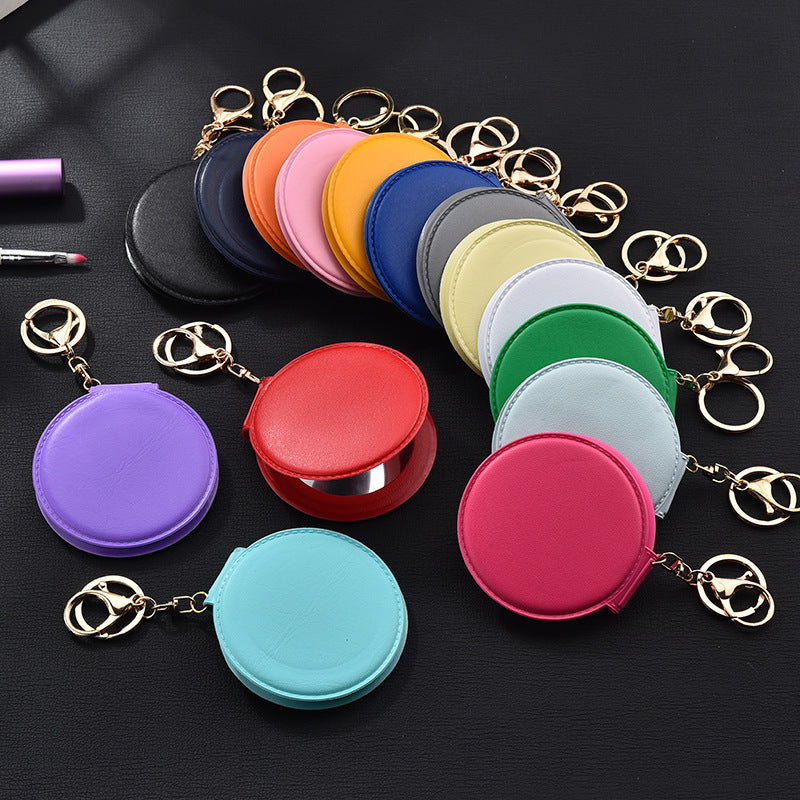 Round Mirror Keychain PU Leather Gold Clasp Small Size
