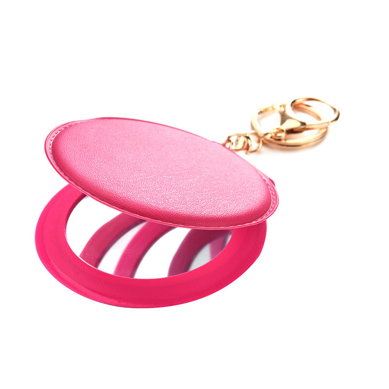 Round Mirror Keychain PU Leather Gold Clasp Small Size 5