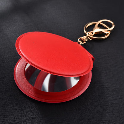 Round Mirror Keychain PU Leather Gold Clasp Small Size 12