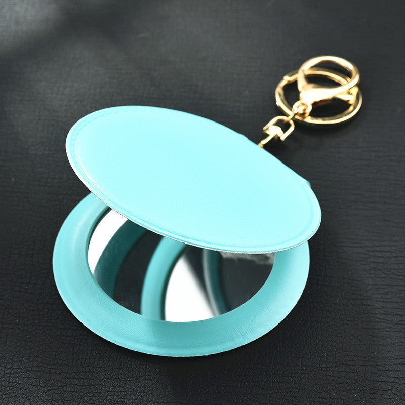 Round Mirror Keychain PU Leather Gold Clasp Small Size 17