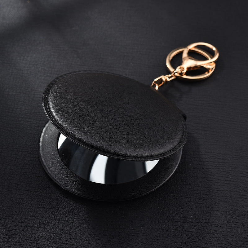 Round Mirror Keychain PU Leather Gold Clasp Small Size 11