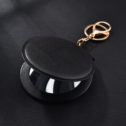 Round Mirror Keychain PU Leather Gold Clasp Small Size 11