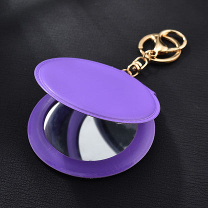 Round Mirror Keychain PU Leather Gold Clasp Small Size 13