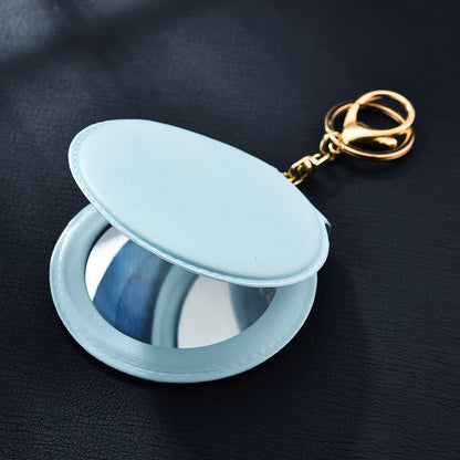 Round Mirror Keychain PU Leather Gold Clasp Small Size 14