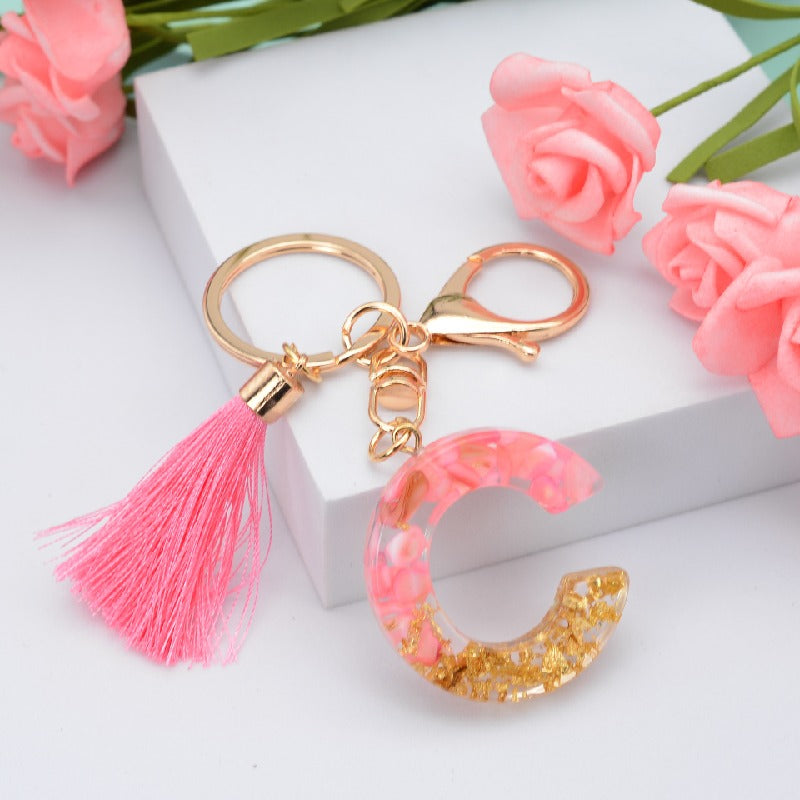 Resin Floral Pink Tassel Monogram Keychain Alphabet Letter A 3
