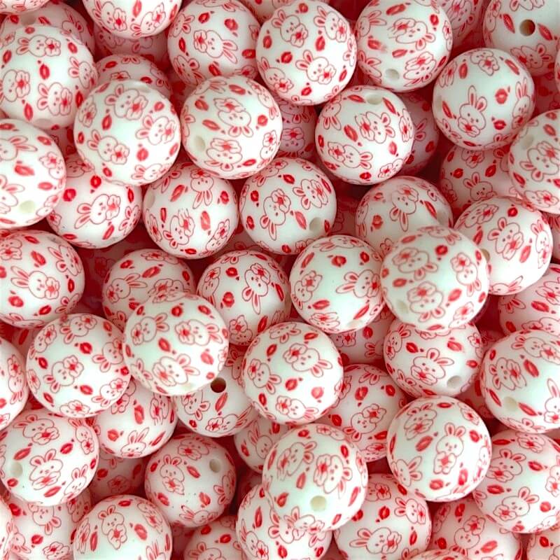 15mm Silicone Beads Love Rabbit Print Animal Theme 50pcs