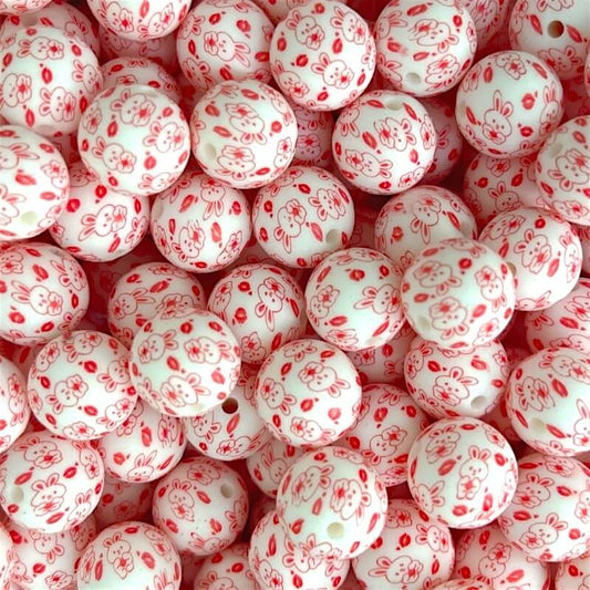 15mm Silicone Beads Love Rabbit Print Animal Theme 50pcs