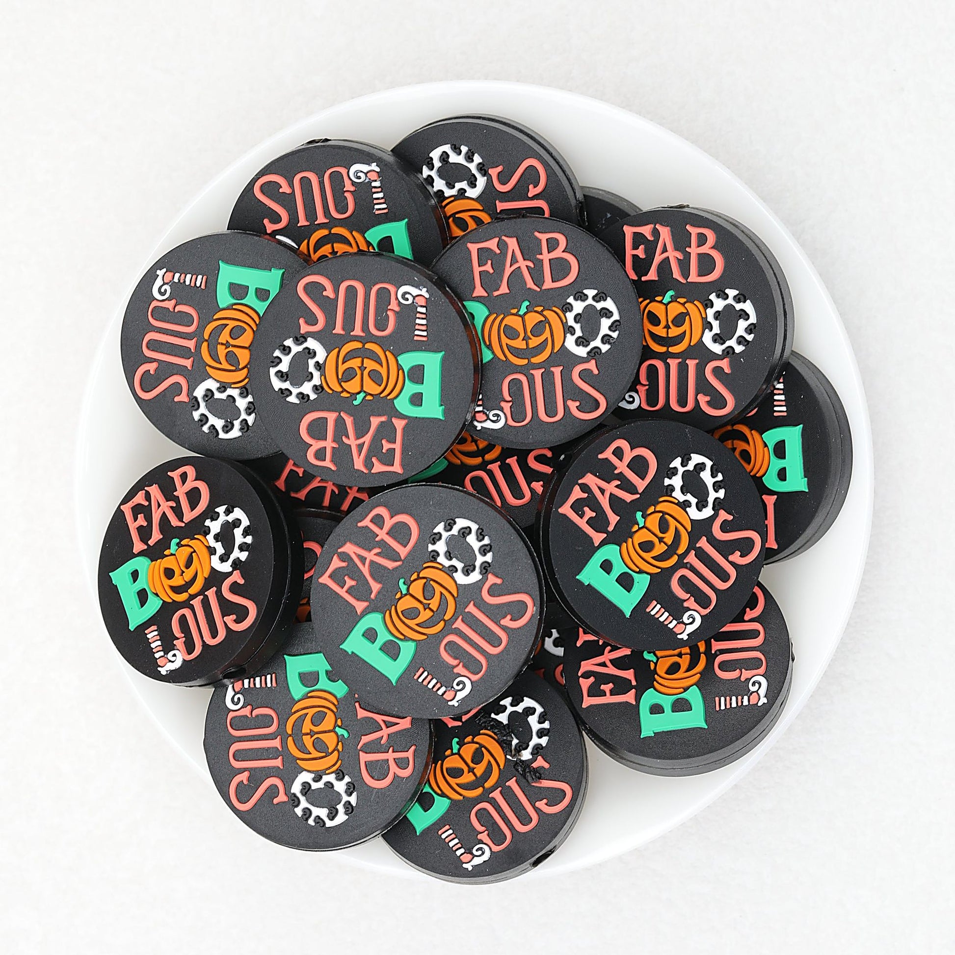 Halloween Round Pumpkin Silicone Focal Beads Black 20pcs - Black
