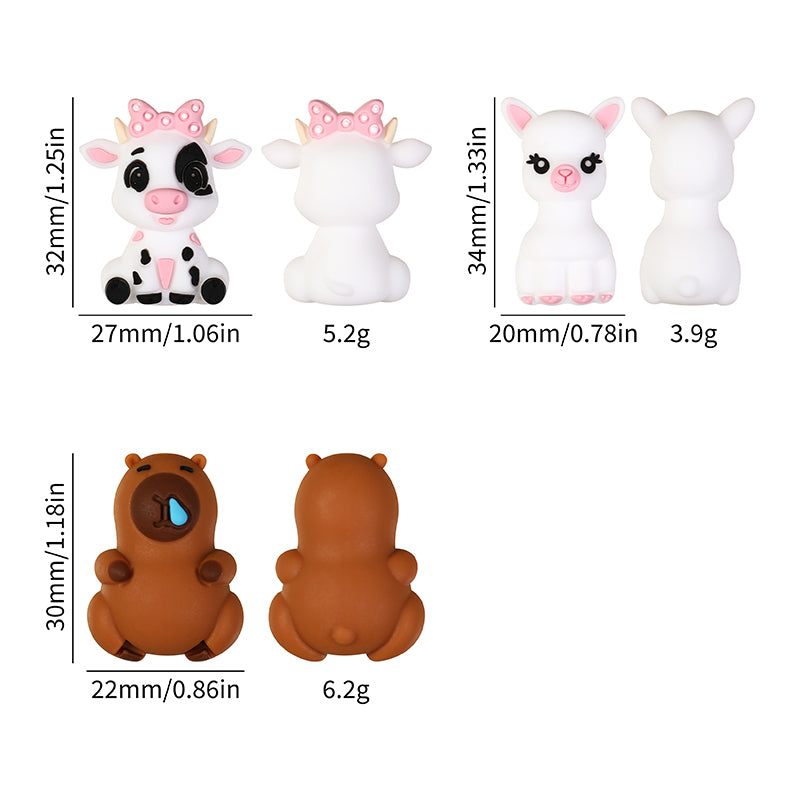 3D Animal Silicone Focal Beads Llama Cow Capybara 20pcs 11