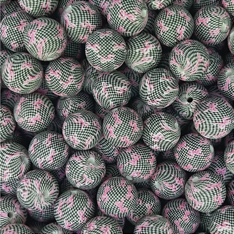 15mm Silicone Beads Black White Plaid Bow Printed Design 50pcs