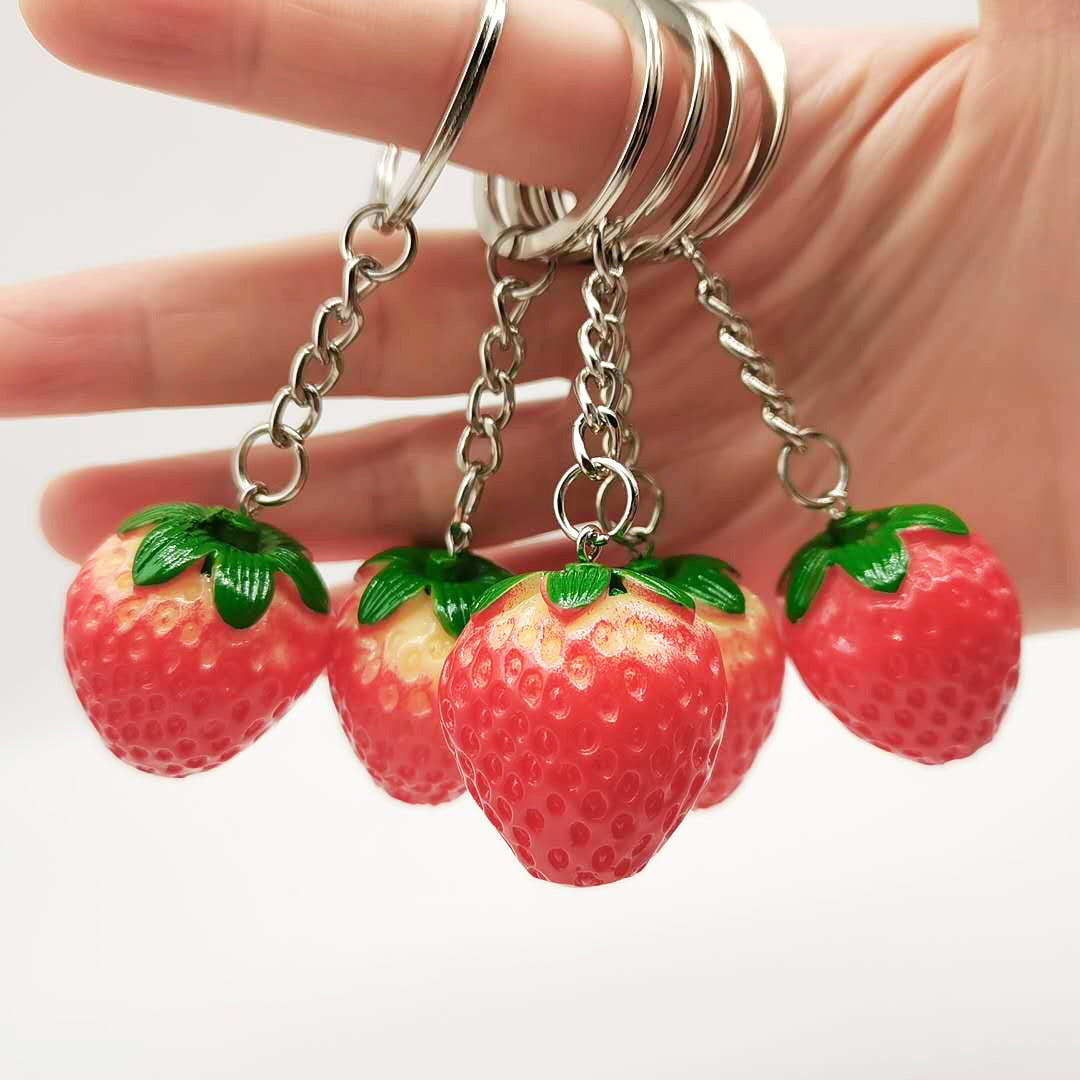 Resin Fruit Strawberry Keychain Glossy Red Green Leaves