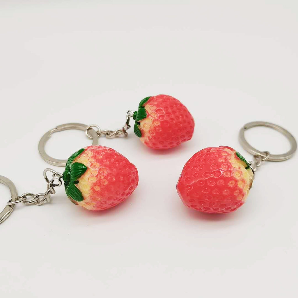 Resin Fruit Strawberry Keychain Glossy Red Green Leaves 5