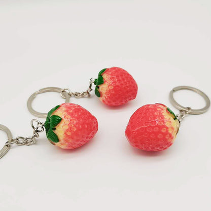 Resin Fruit Strawberry Keychain Glossy Red Green Leaves 5