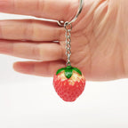 Resin Fruit Strawberry Keychain Glossy Red Green Leaves 2