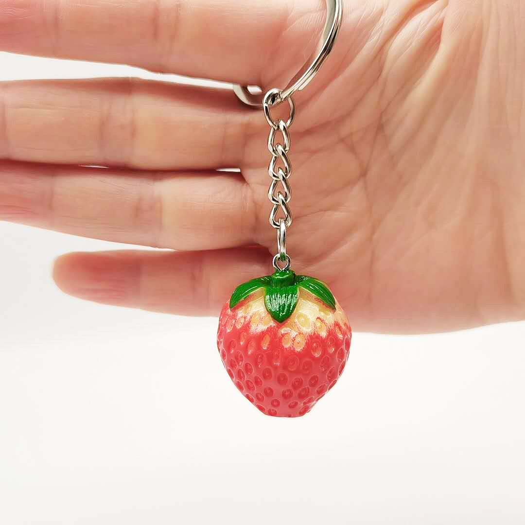 Resin Fruit Strawberry Keychain Glossy Red Green Leaves 2