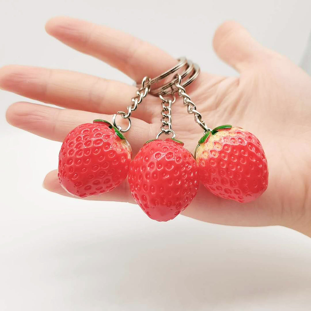 Resin Fruit Strawberry Keychain Glossy Red Green Leaves 4