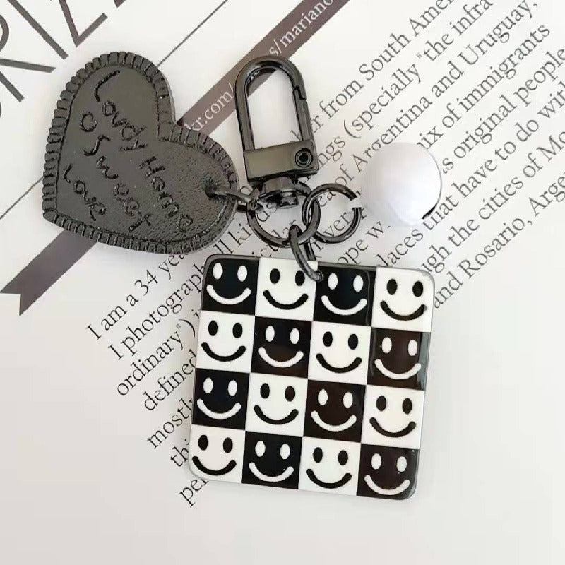 Cartoon Acrylic Plaid Striped Heart Leather Keychain Monochrome Design 7