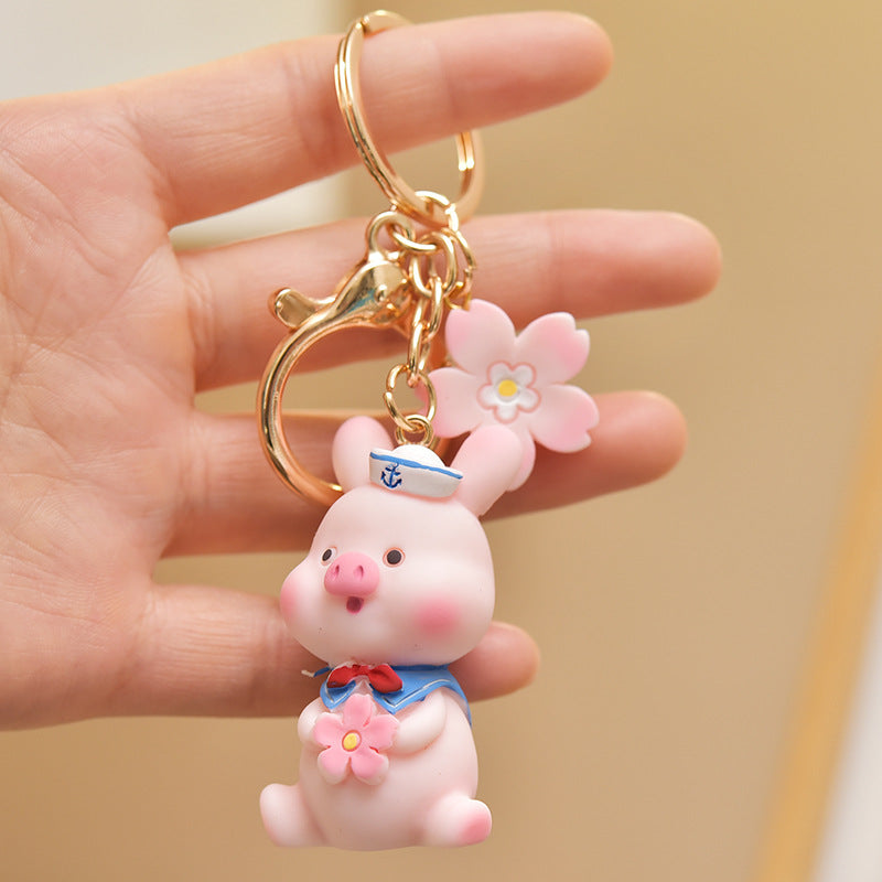 Resin Cute Pink Pig Animal Keychain with Floral Charm 6