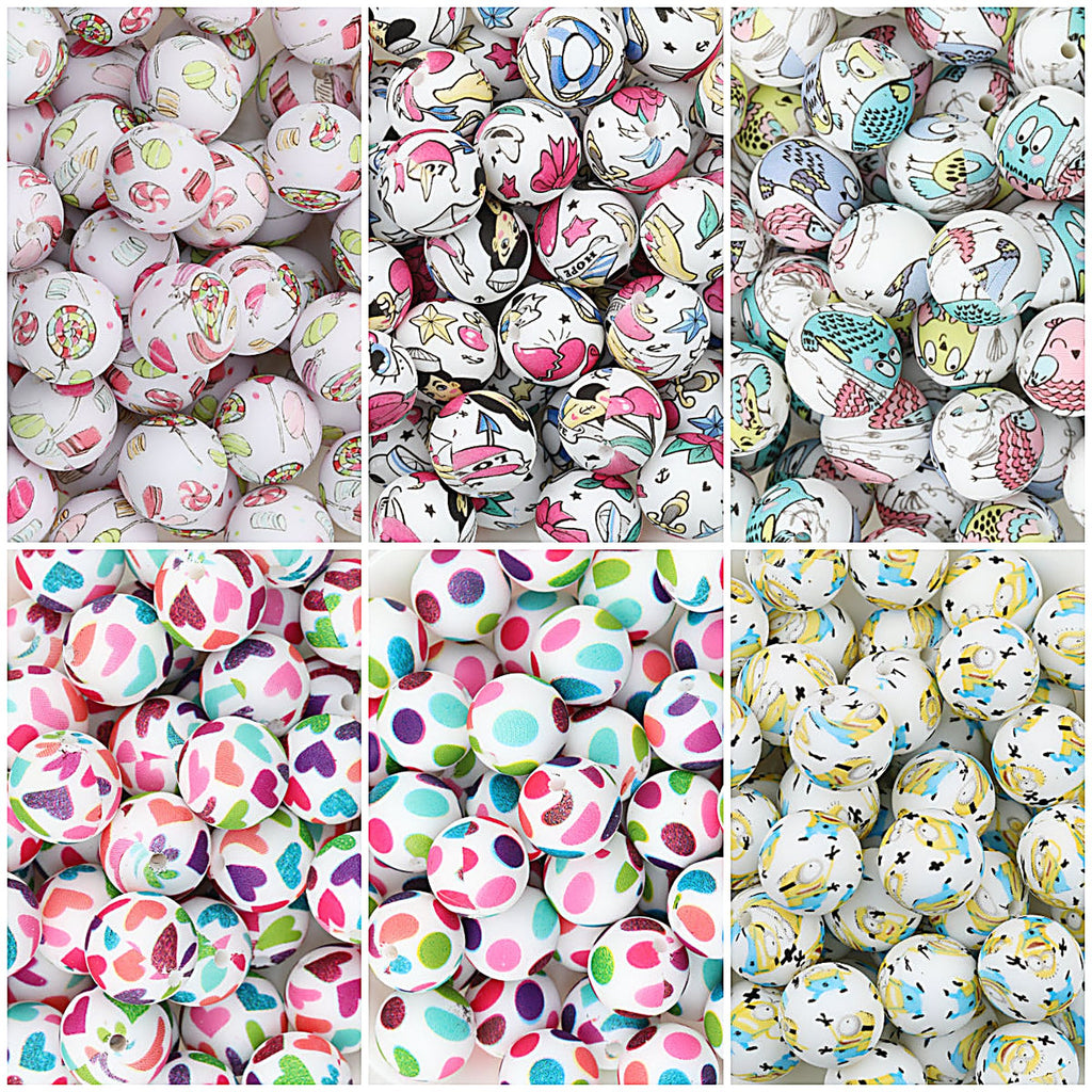 15mm Printed Cartoon Pattern Silicone Round Beads 50pcs