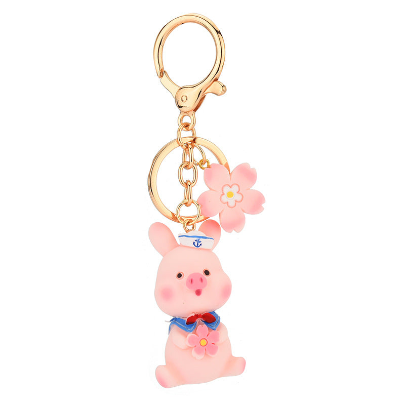 Resin Cute Pink Pig Animal Keychain with Floral Charm 4