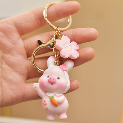 Resin Cute Pink Pig Animal Keychain with Floral Charm 5