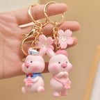 Resin Cute Pink Pig Animal Keychain with Floral Charm