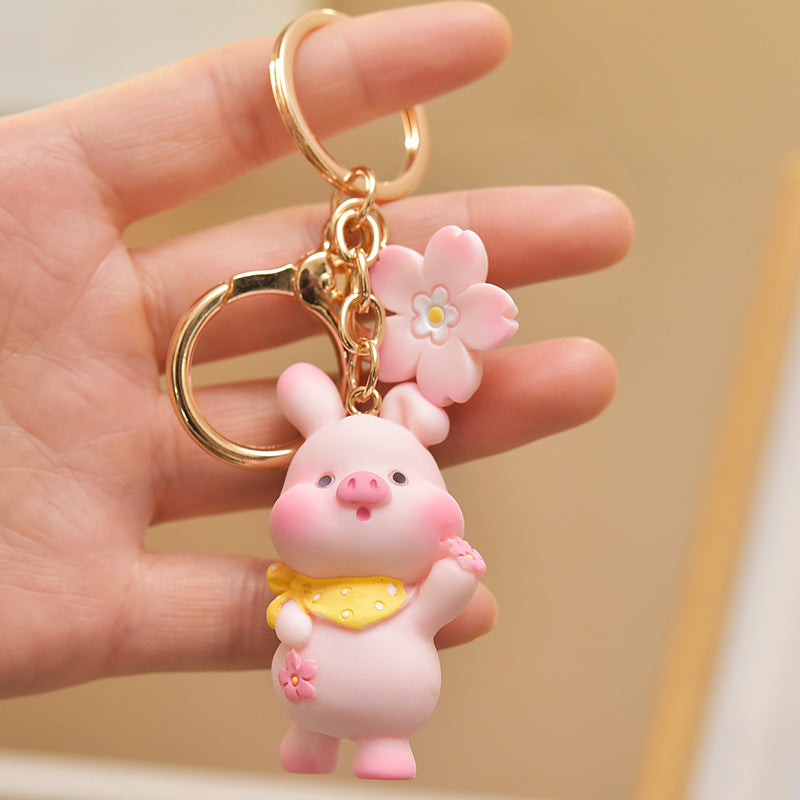 Resin Cute Pink Pig Animal Keychain with Floral Charm 3