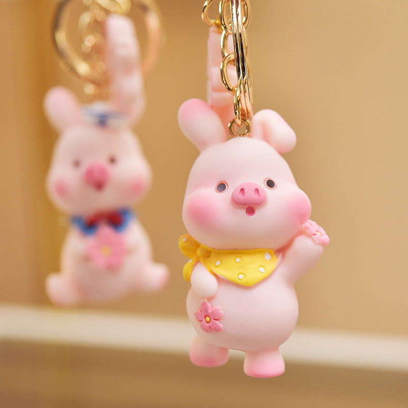 Resin Cute Pink Pig Animal Keychain with Floral Charm 2