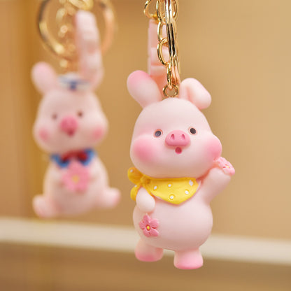 Resin Cute Pink Pig Animal Keychain with Floral Charm 2