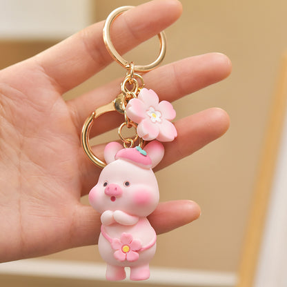 Resin Cute Pink Pig Animal Keychain with Floral Charm 7