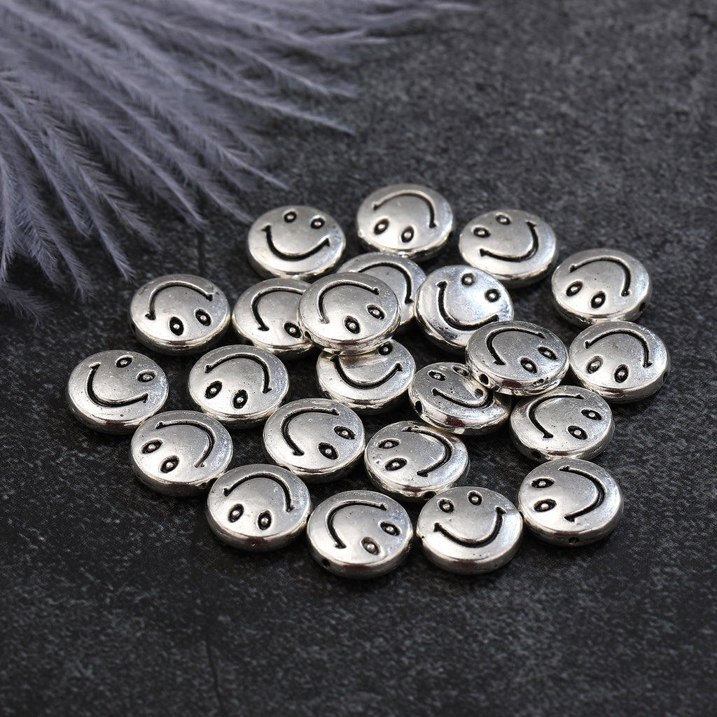 Flat Metal Beads 6mm 10mm Silver Smiling Face Expression 100pcs 4