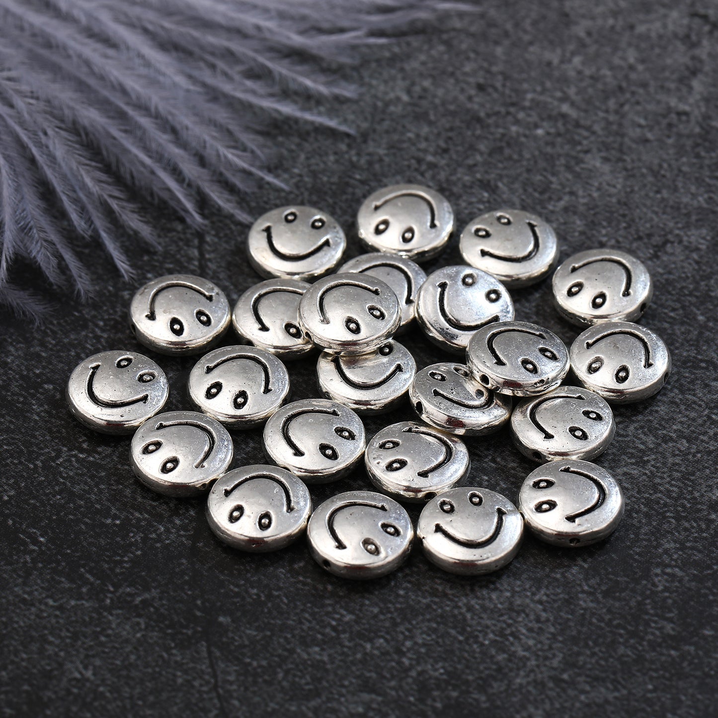 Flat Metal Beads 6mm 10mm Silver Smiling Face Expression 100pcs 4