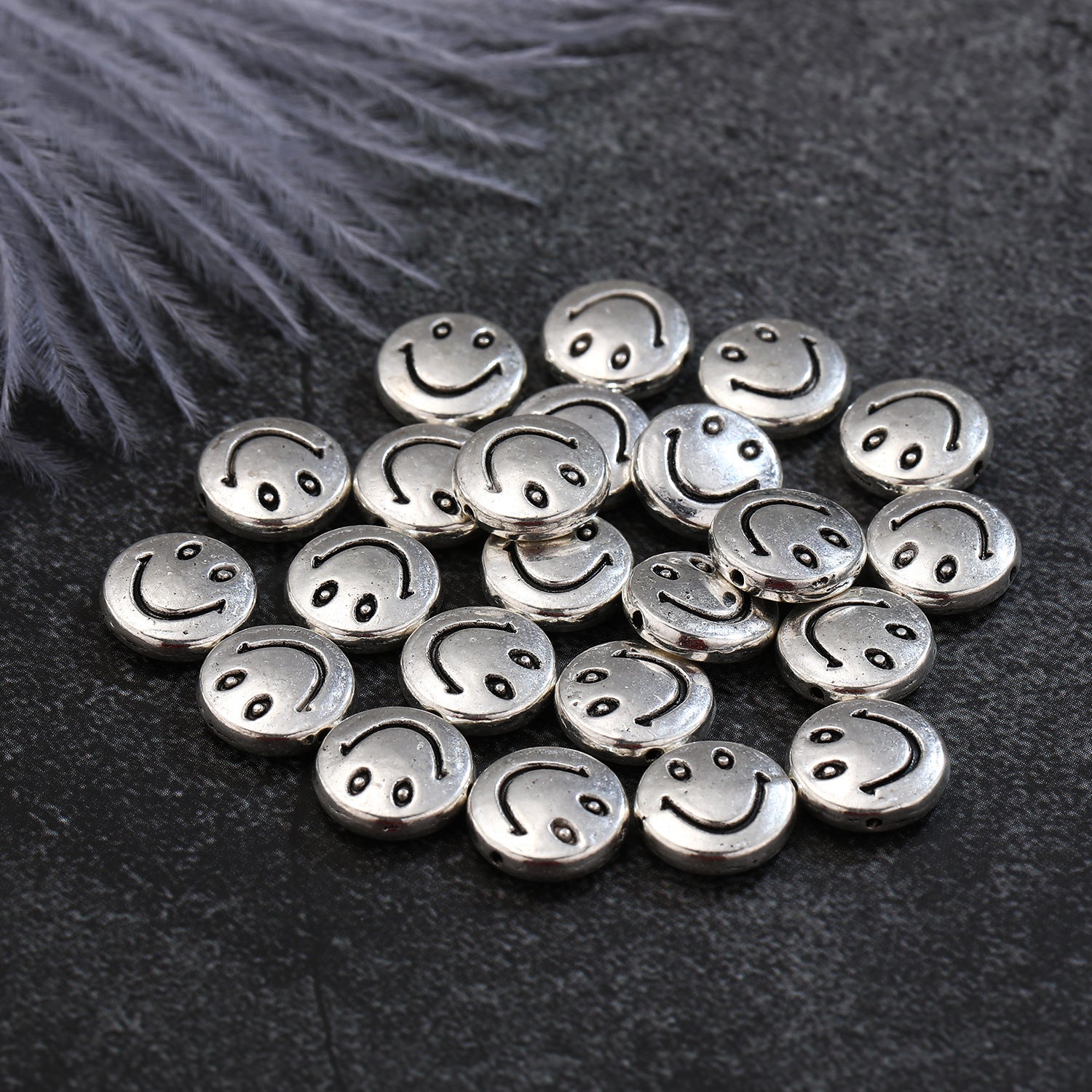 Flat Metal Beads 6mm 10mm Silver Smiling Face Expression 100pcs 4
