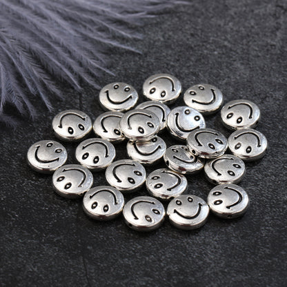Flat Metal Beads 6mm 10mm Silver Smiling Face Expression 100pcs 4