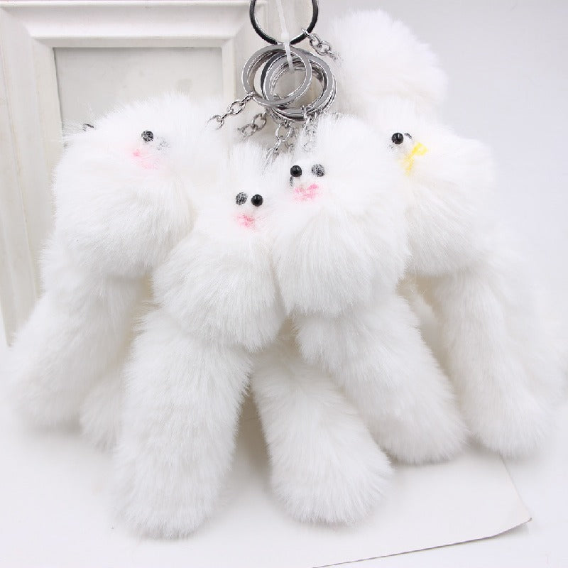 Plush Fox Keychain Soft White Faux Fur Curly Tail Animal Charm 4