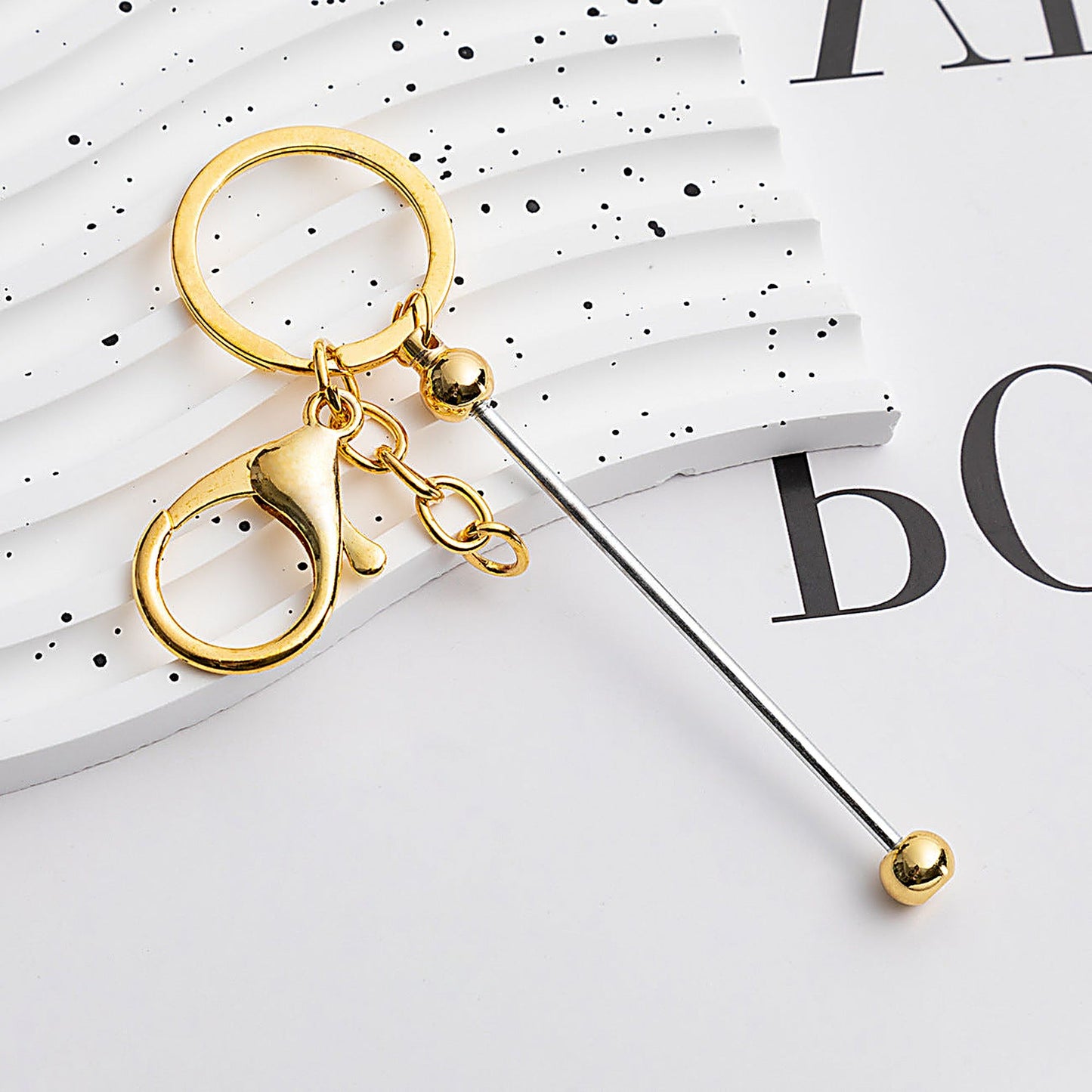 Beadable Keychain Bar Metal Slender Shaft Polished Ball Lobster Clasp - Electroplated gold