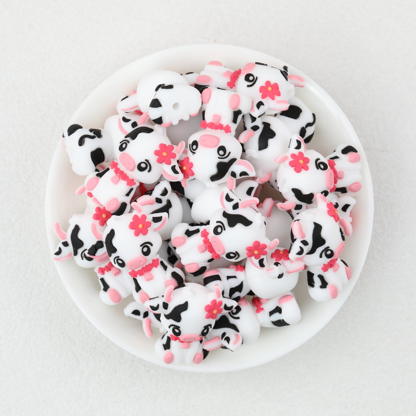 Cute Cow 3D Silicone Focal Beads with Pink Flower 20pcs