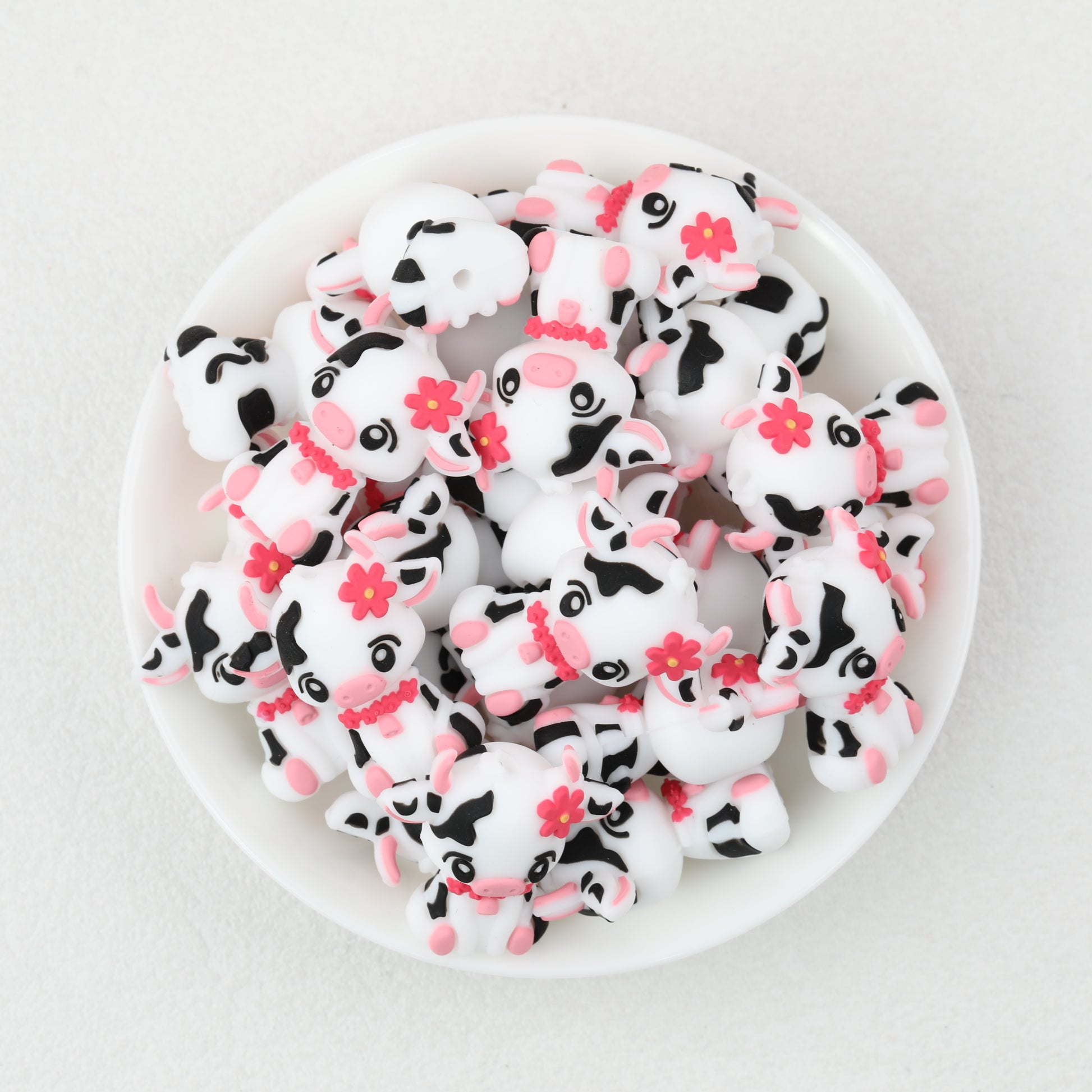 Cute Cow 3D Silicone Focal Beads with Pink Flower 20pcs