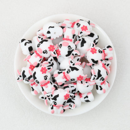 Cute Cow 3D Silicone Focal Beads with Pink Flower 20pcs