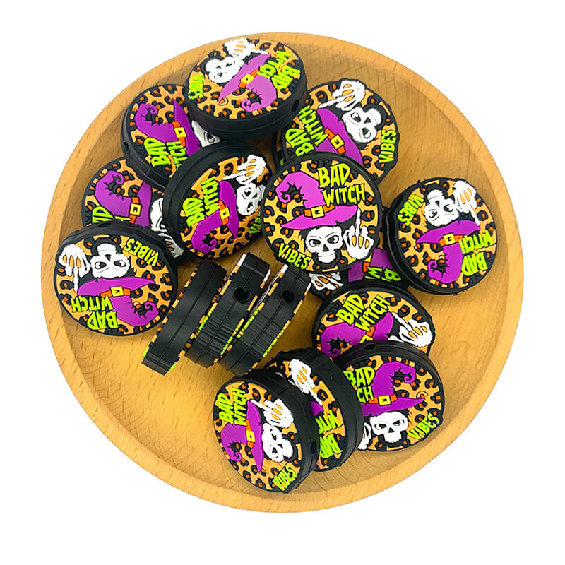 Silicone Focal Beads Bad Witch Vibes Circle Badge Leopard Print 2