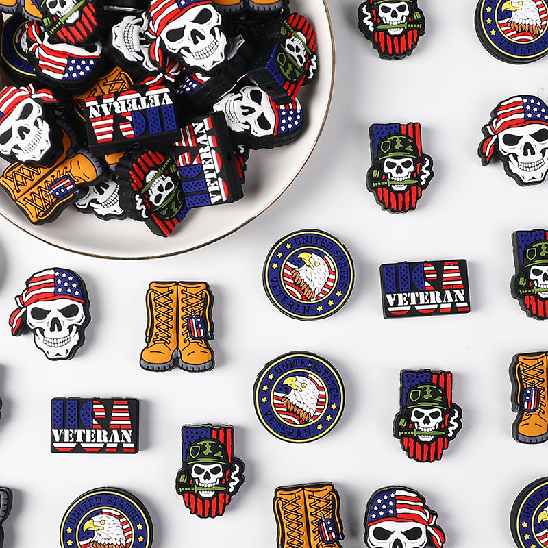 Silicone Focal Beads USA Veterans USA Skeleton Flag Front View 20Pcs