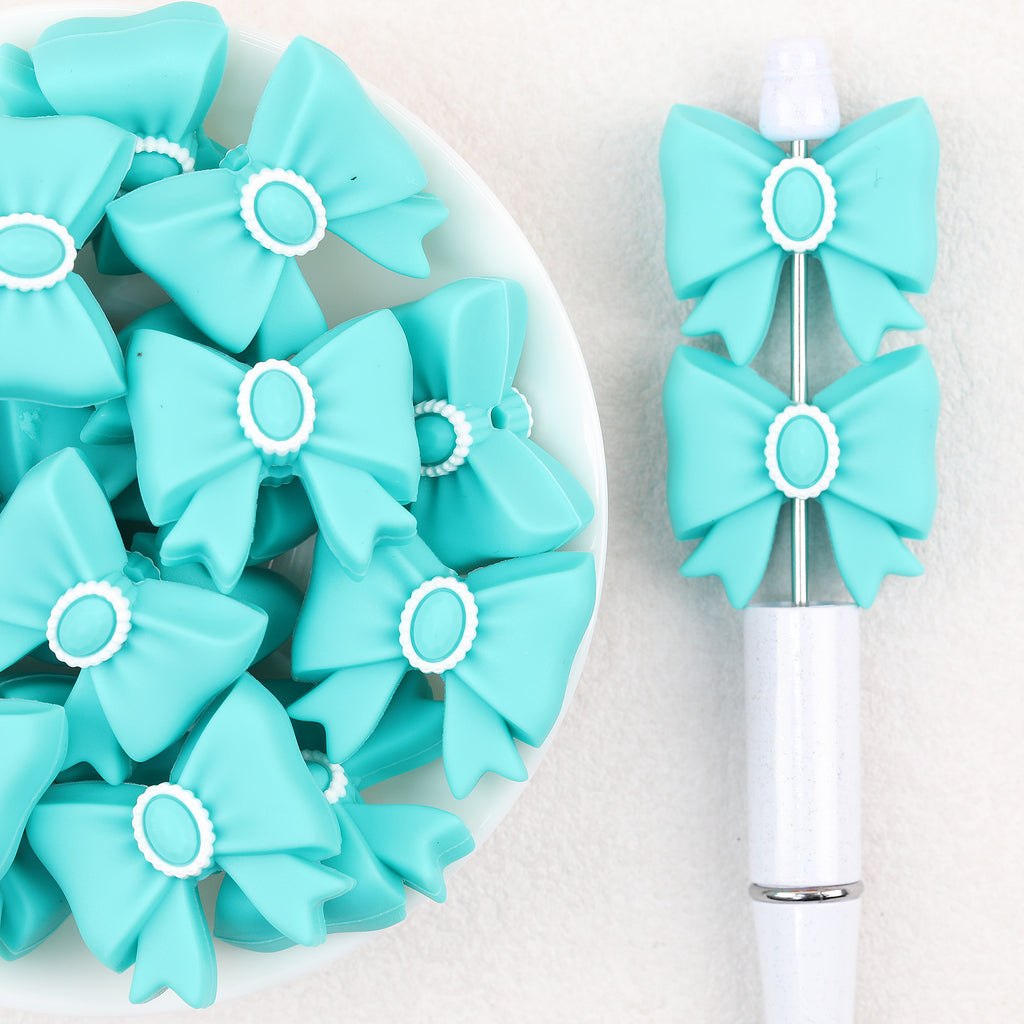 3D Emerald Silicone Focal Beads Wholesale, Western Cowboy Turquoise Bow White Scalloped Center