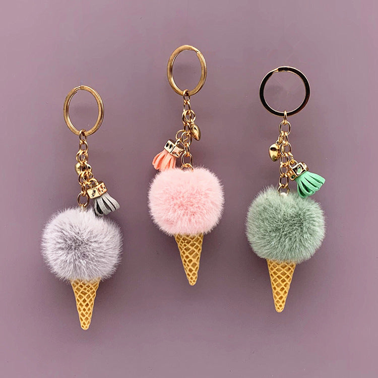 Ice Cream Pom Pom Keychain Faux Fur Pastel Colors