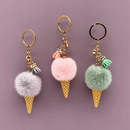Ice Cream Pom Pom Keychain Faux Fur Pastel Colors