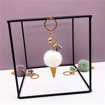 Ice Cream Pom Pom Keychain Faux Fur Pastel Colors 10