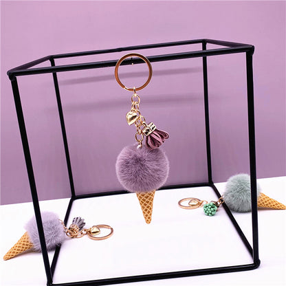 Ice Cream Pom Pom Keychain Faux Fur Pastel Colors 8
